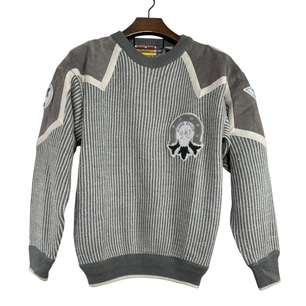 Vintage MARK ELLIOT Juice Brand Grey‎ Metallic Thread Leather Accents Sweater L